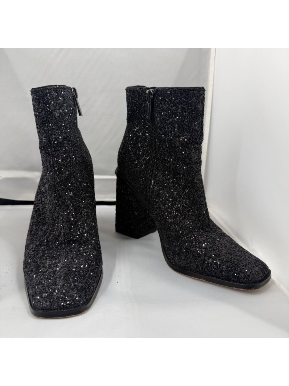 Black Glitter Block Heel Ankle Boots Jessica Simpson 8M Square Toe Side Zipper